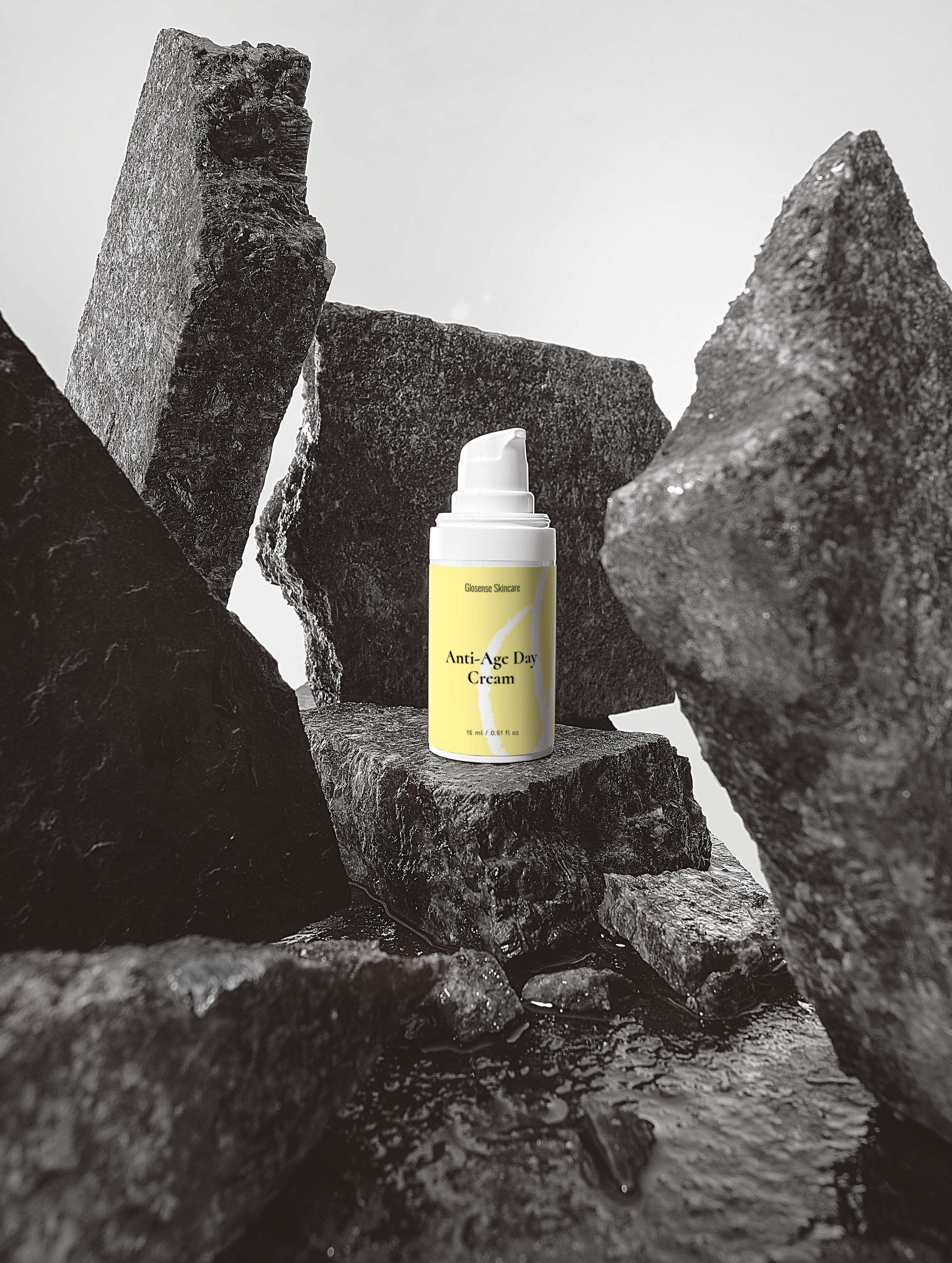 Anti-Age Day Cream with hyaluronic acid in rocky setting.